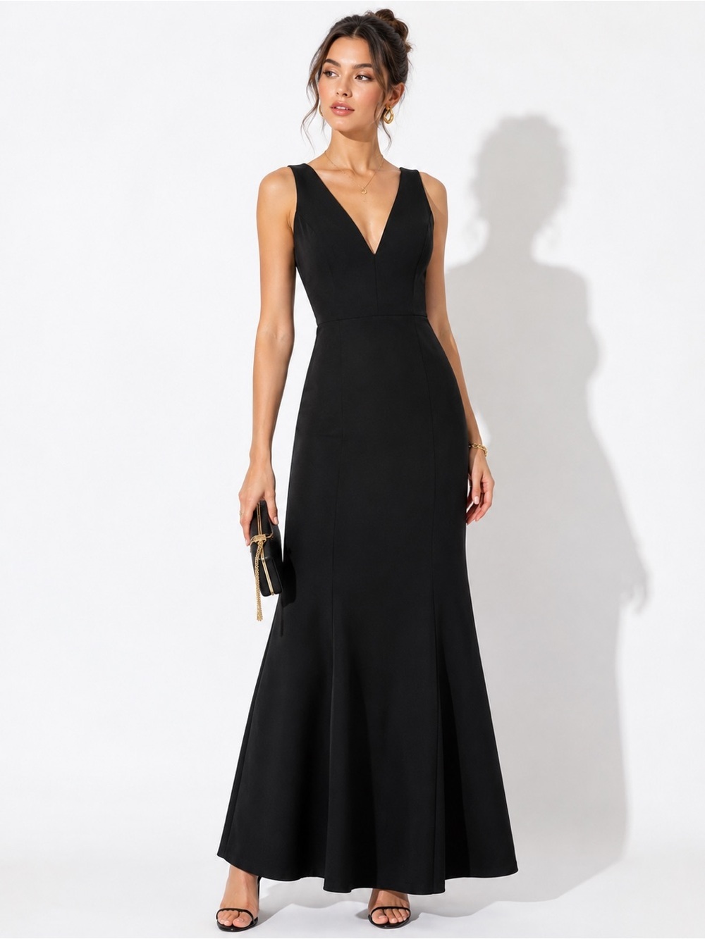 BCBGMaxazria Black deep V-Neck Side Slit Maxi Dress formal minimalist feminine O